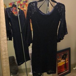 Blue, lace, off the shoulder dress